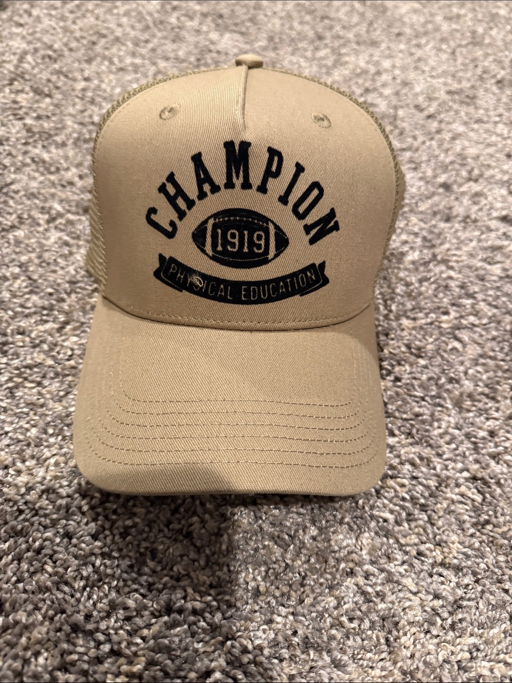 Champion Tan Trucker Hat with Black Logo